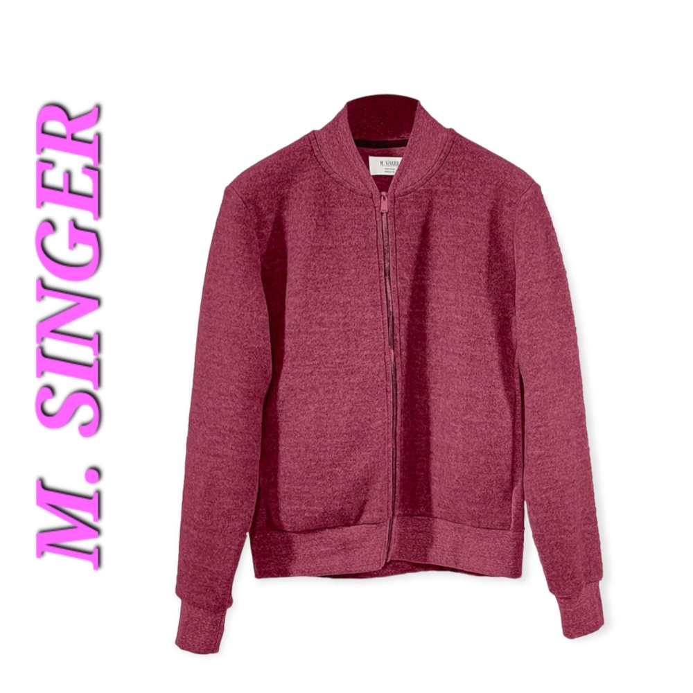 M. SINGER Reverse Teddy Zip Up Jacket in Burgundy Red